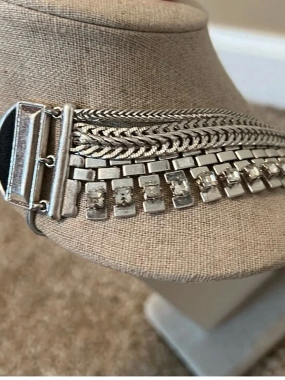 Stella & Dot silver Electra statement necklace with black, gray and clear stones
